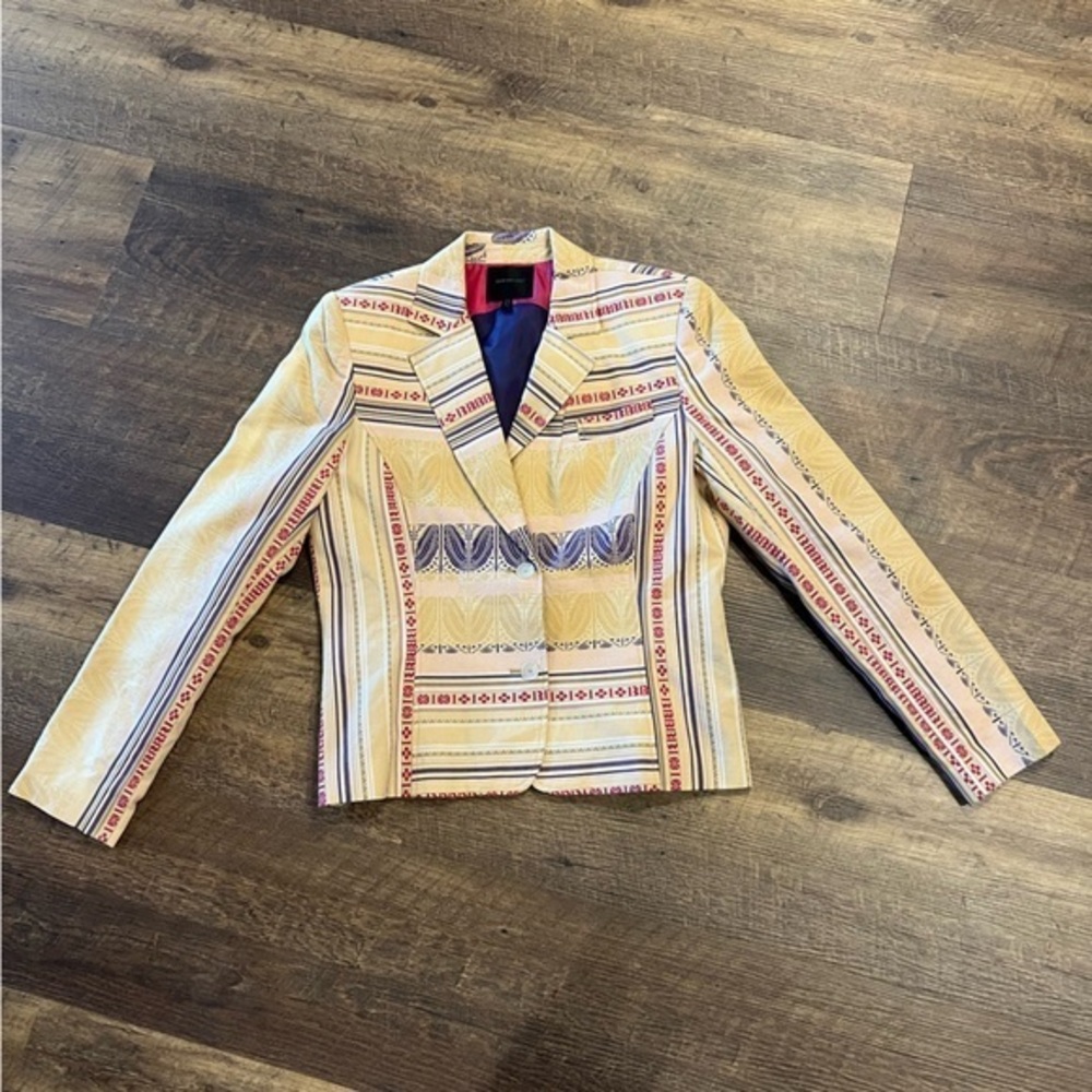Womens Patterned Cropped Blazer Jacket - Cream with Multicolor Accents